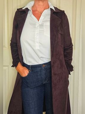 Magaschoni Faux Suede Trench Coat Burgundy Belted Long Jacket XS